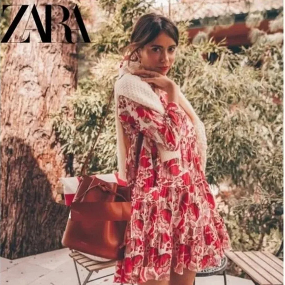 Zara Floral Tiered Babydoll 3/4 Sleeve Dress Red  Pink Size XS - Picture 1 of 10